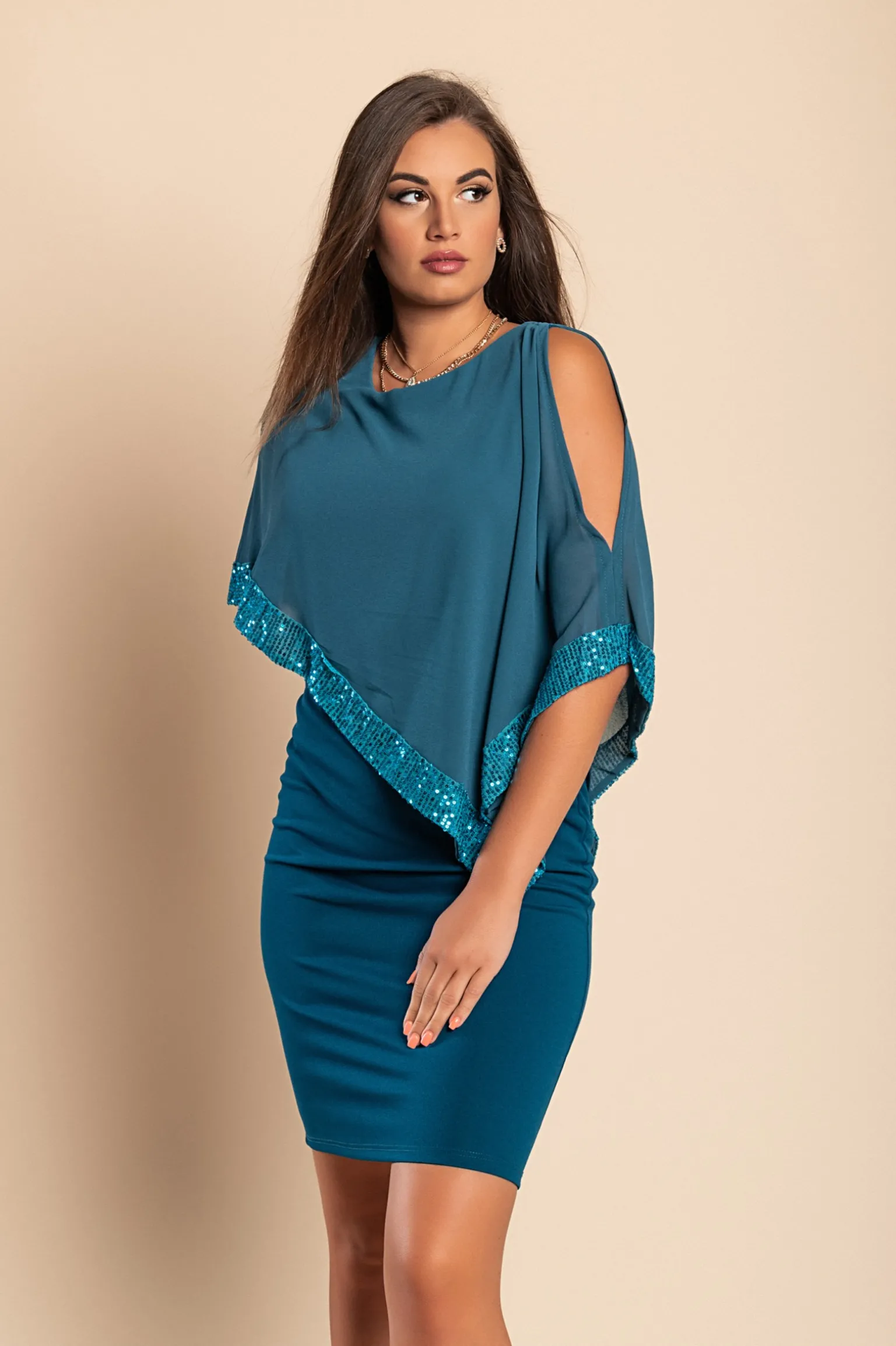 Vestito elegante con mantellina Arlet, petrolio