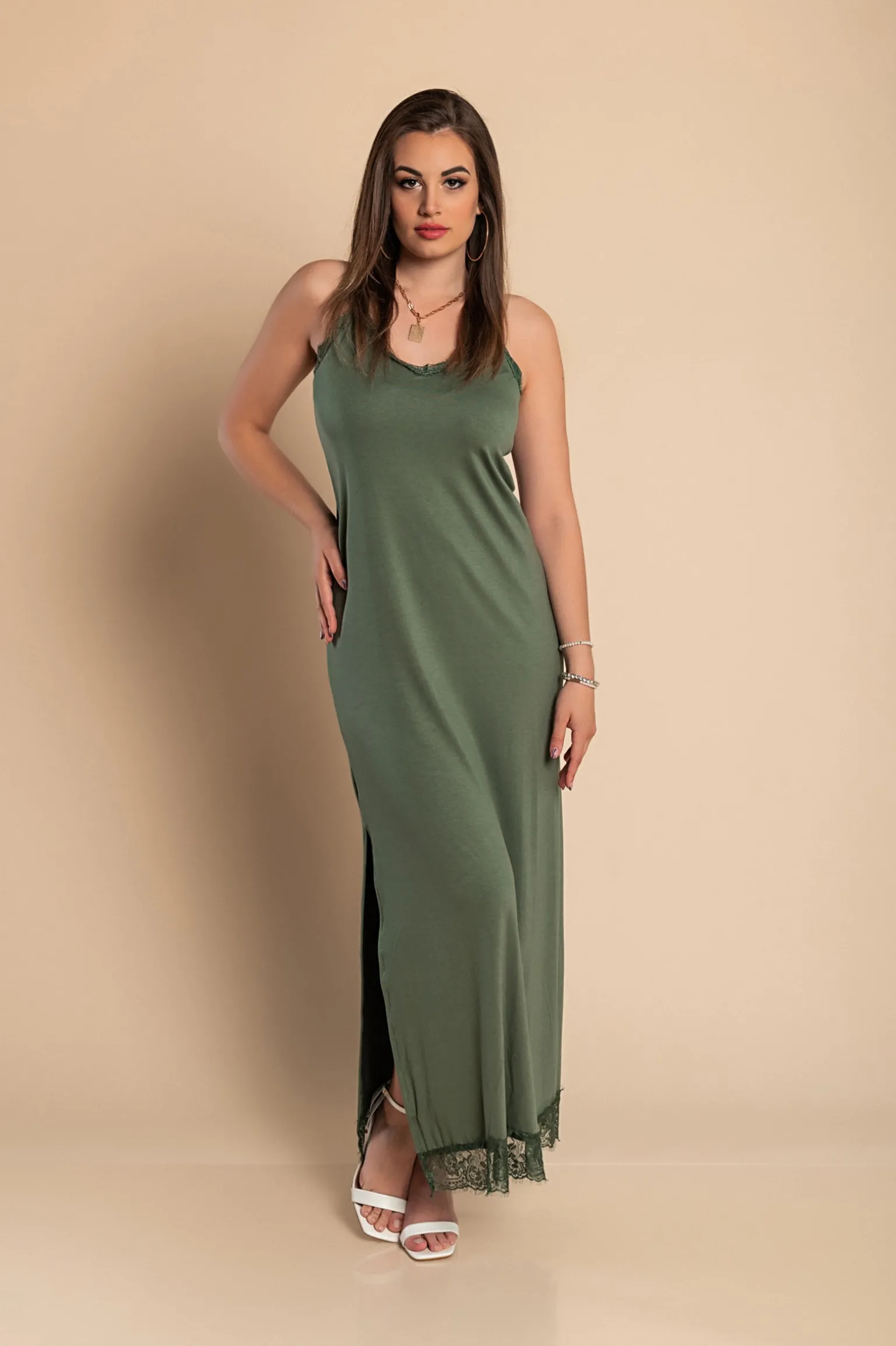 VESTITO MAXI CON PIZZO PRIMAROSA, OLIVASTRO