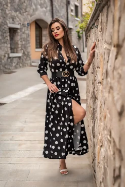 VESTITO MAXI ELEGANTE CON STAMPO MORI - NERO