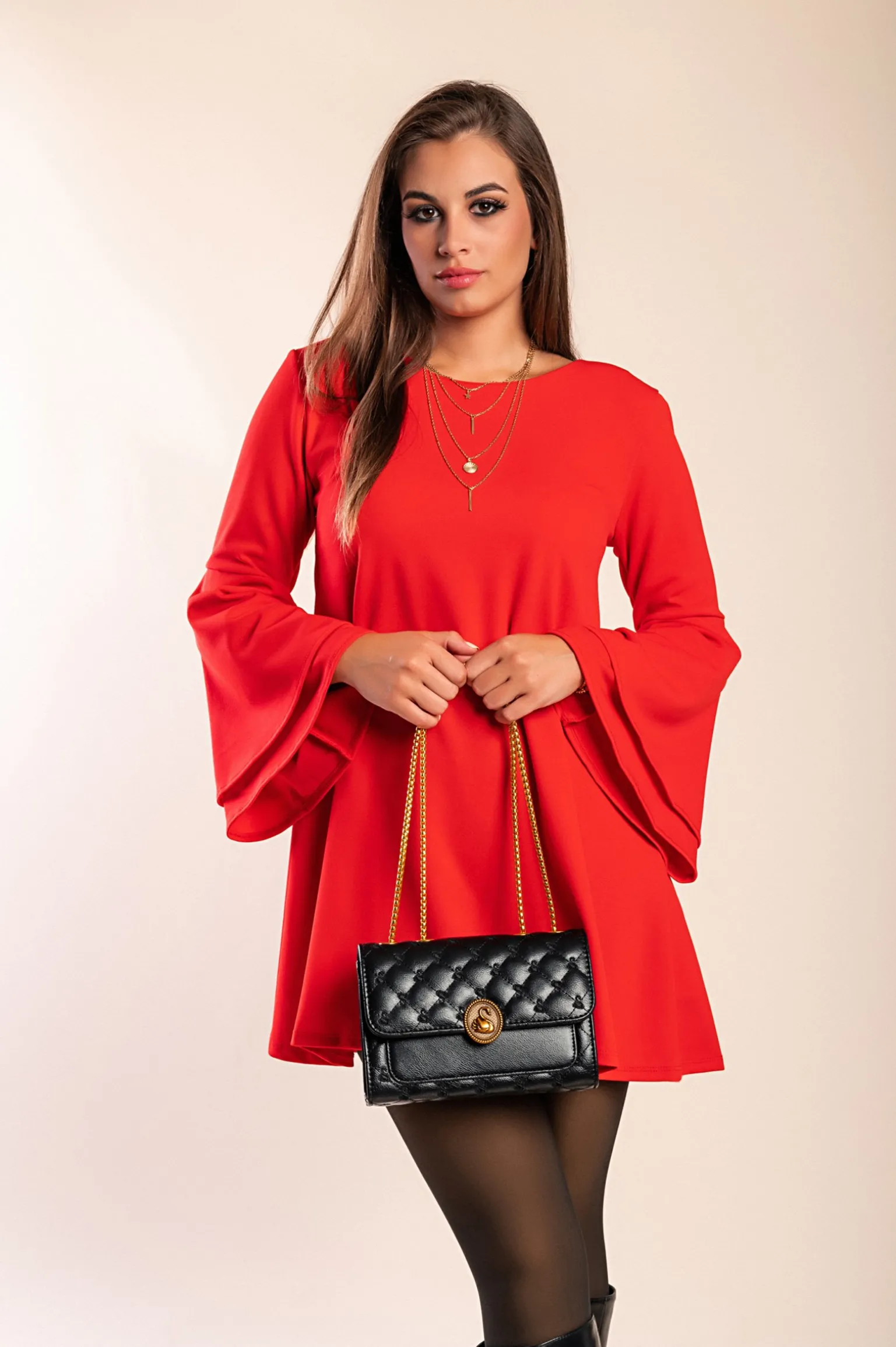 Vestito mini con maniche a campana Rania, rosso
